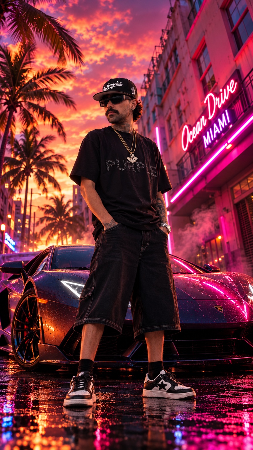 Escena creativa de Young Flakoo entre luces de neón y un auto en Miami